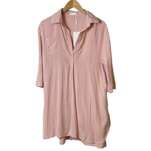 Ekouaer Pink Collared Cotton 3/4 Roll Tab Sleeve Tunic Dress Women's Size Small